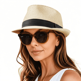 Straw Fedora Hat for Women Men Packable Short Brim Roll Up Trilby Hat Panama Summer Beach Sun Hat UPF 50+
