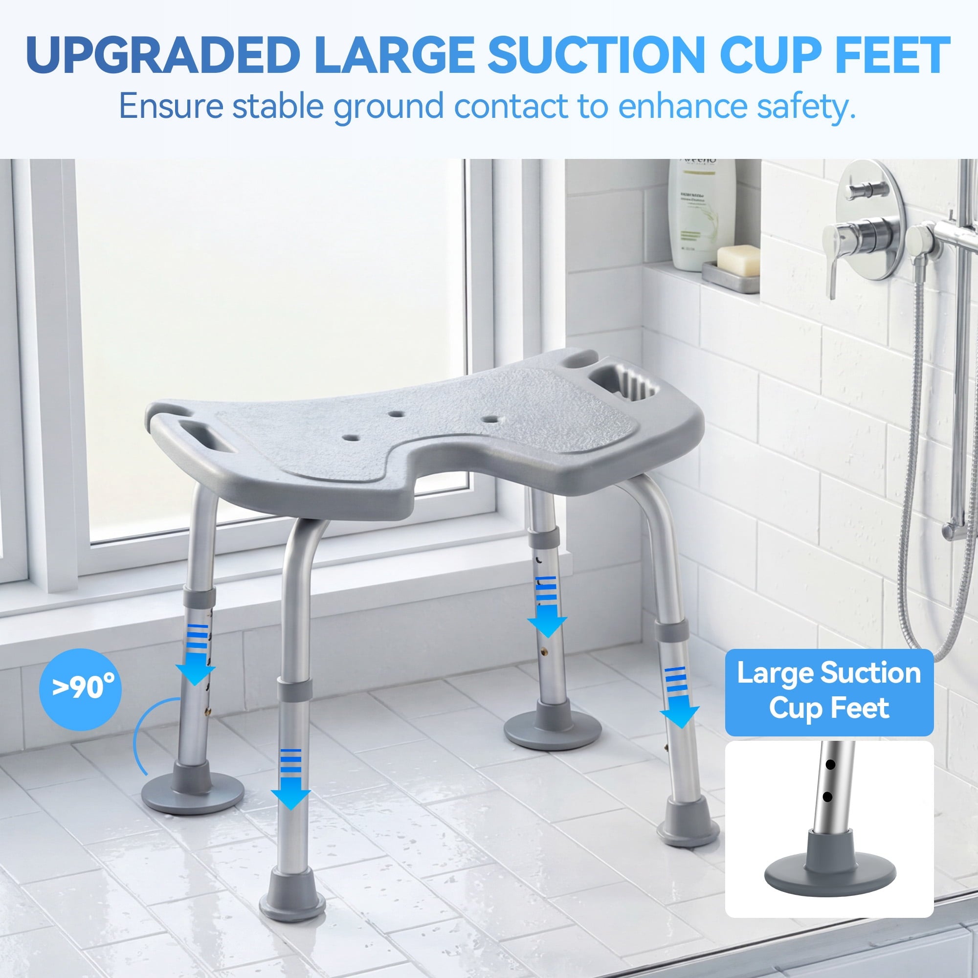 SACVON U-Shaped Shower Chair with Open Hygiene Seat, Height Adjustable Non-Slip Aluminum Bath Stool for Shower or Tub