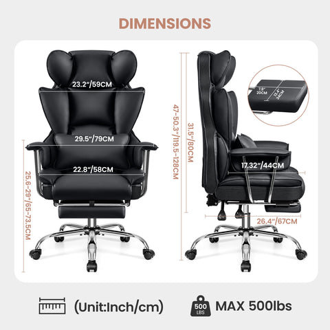 CoolHut Desk Office Chair 500LBS, Big and Tall Office Chair,  Leather Computer Chair, Executive Office Chair with Leg Rest and Lumbar Support, Black Office Chair