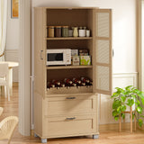 Walsunny 64" kitchen Pantry Cabinet with Rattan Doors and 2 Drawers, Freestanding Tall Storage Cabinet with Wine Rack Rattan Pantry Natural