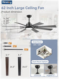 Zardon 62 inch Ceiling Fan with Light and Remote Control - Quiet DC Motor, 6 Speeds, Dual Finish Blades for Indoor Use - Black