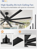 Zardon 84-inch Ceiling Fan - Eco-Friendly, Energy Efficient, 6-Speed Remote Control, 8542 CFM, Black Finish, Ideal for Extra-Large Indoor Spaces
