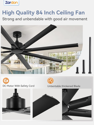 Zardon 84-inch Ceiling Fan - Eco-Friendly, Energy Efficient, 6-Speed Remote Control, 8542 CFM, Black Finish, Ideal for Extra-Large Indoor Spaces