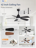 Zardon 42-inch Ceiling Fan with Light - Remote Control, 6-Speed, Black for Indoor Use