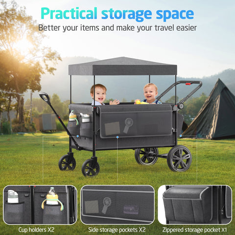 SACVON All-Terrain Stroller Wagon for Toddlers with Canopy, Parent Organizer, Adjustable Handlebar, 2 Cup Holders