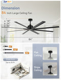 Zardon 84-inch Ceiling Fan - Eco-Friendly, Energy Efficient, 6-Speed Remote Control, 8542 CFM, Black Finish, Ideal for Extra-Large Indoor Spaces