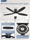 Zardon 48 inch Smart Ceiling Fan with LED Light Kit - 6-Speed Remote Control, Black Finish for Indoor