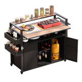 52.8"W Wicker Outdoor Grill Cart with Extended Plastic Wood Table Top, Rolling Kitchen Island on Wheels with Storage Cabinet, for Patio Backyard Garden Poolside, Double Handle Design, Black Brown