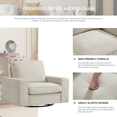1212 INGALIK Swivel Accent Chair, 40.2"W Oversize Chenille Accent Armchair with Storage Bag, Modern Comfortable Chair for Living Room, Bedroom, Beige