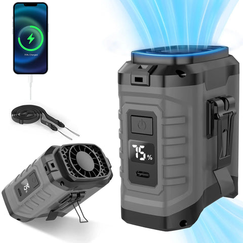 Aiychen 10000mAh Clip-On Neck/Waist Fan - 50H Cooling, 5 Speeds, Wearable Hands-Free Fan & Power Bank for Outdoor, Travel, Camping (Gray)